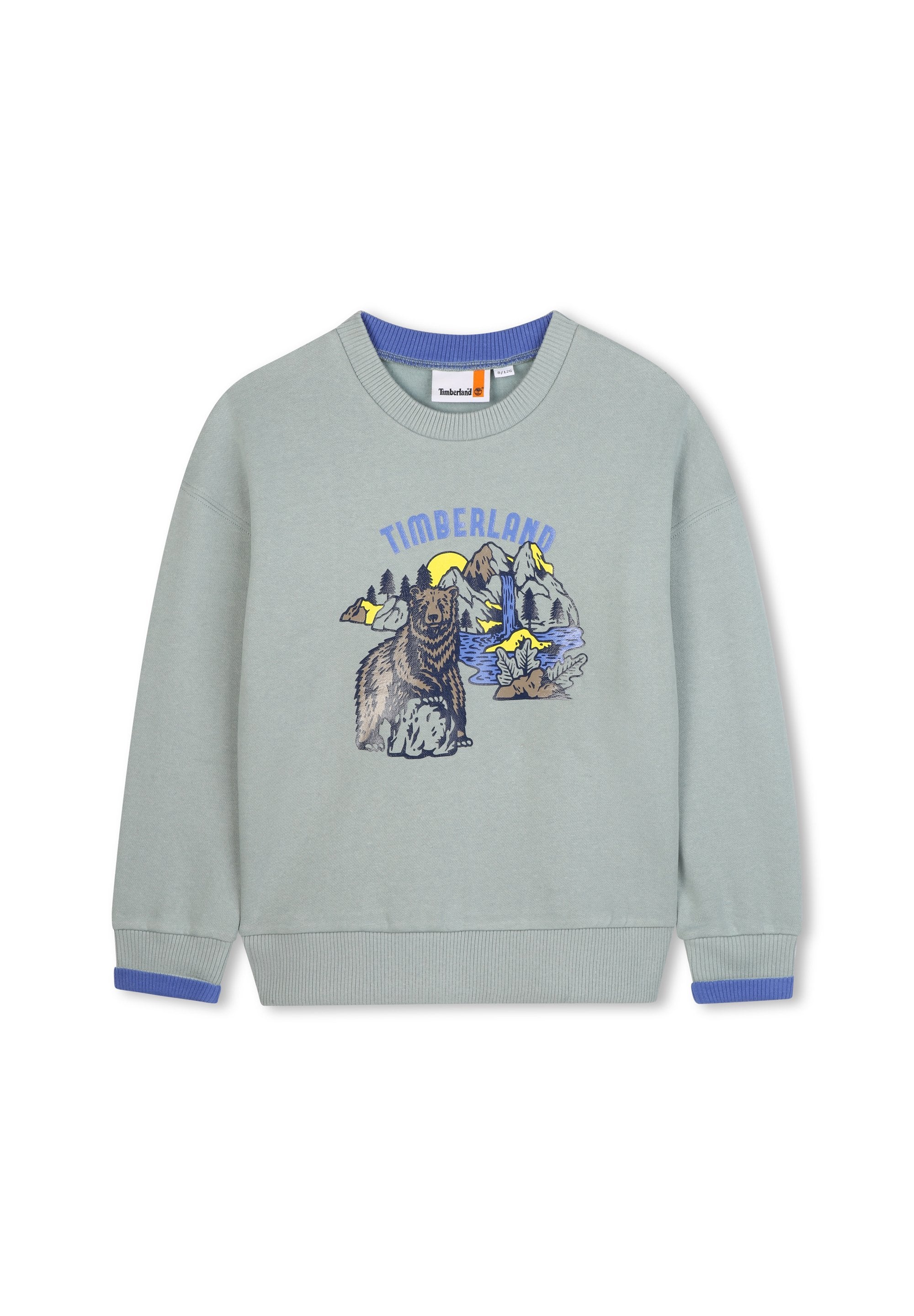 Hellgrüner Sweatshirt mit gerippten Bündchen und Saum. Gebehaltet ein illustriertes Bären- und Bergmotiv, mit blauem "TIMBERLAND"-Text.