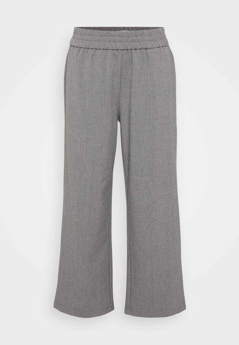 Graue, weit geschnittene Hosen aus einem strukturierten Stoff mit einem elastischen Bund. Sie verfügen über ein dezentes Muster und haben weder Taschen noch Verschlüsse.