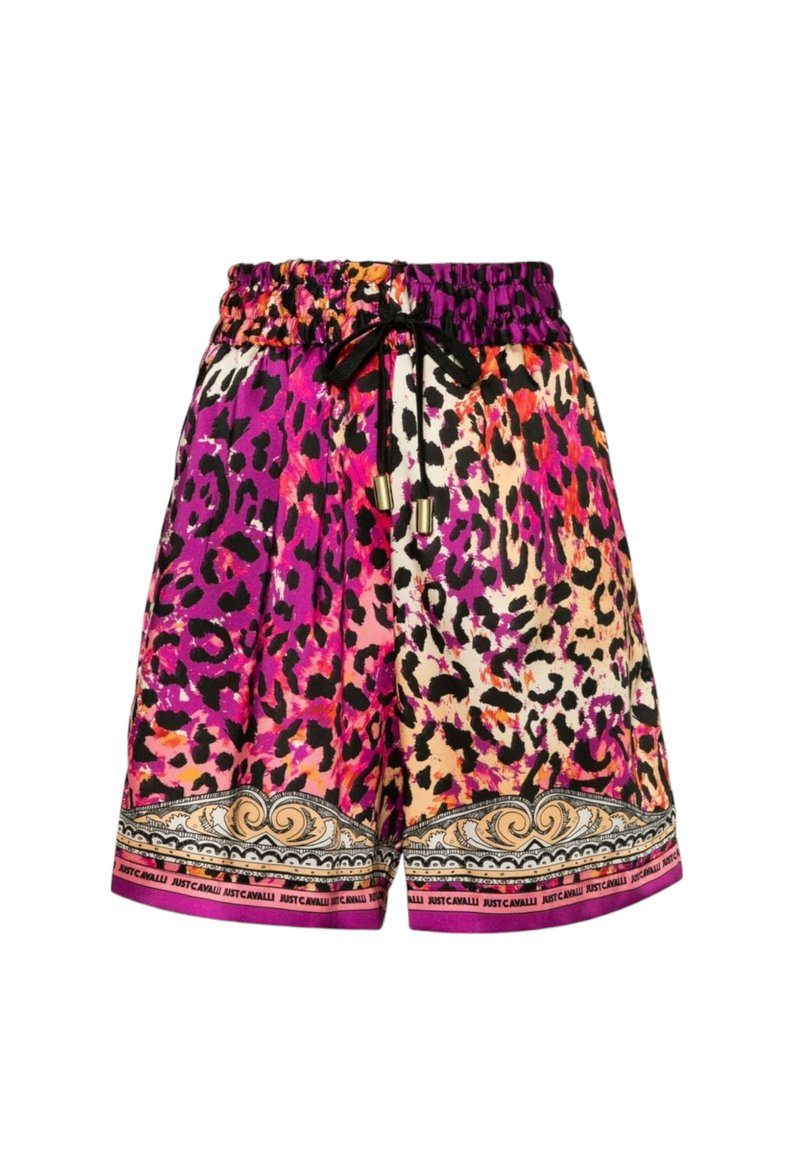 Mehrfarbige Shorts mit einem Leopardenmuster in Pink, Lila und Orange. Elastischer Bund mit schwarzem Kordelzug und gemustertem Saum.