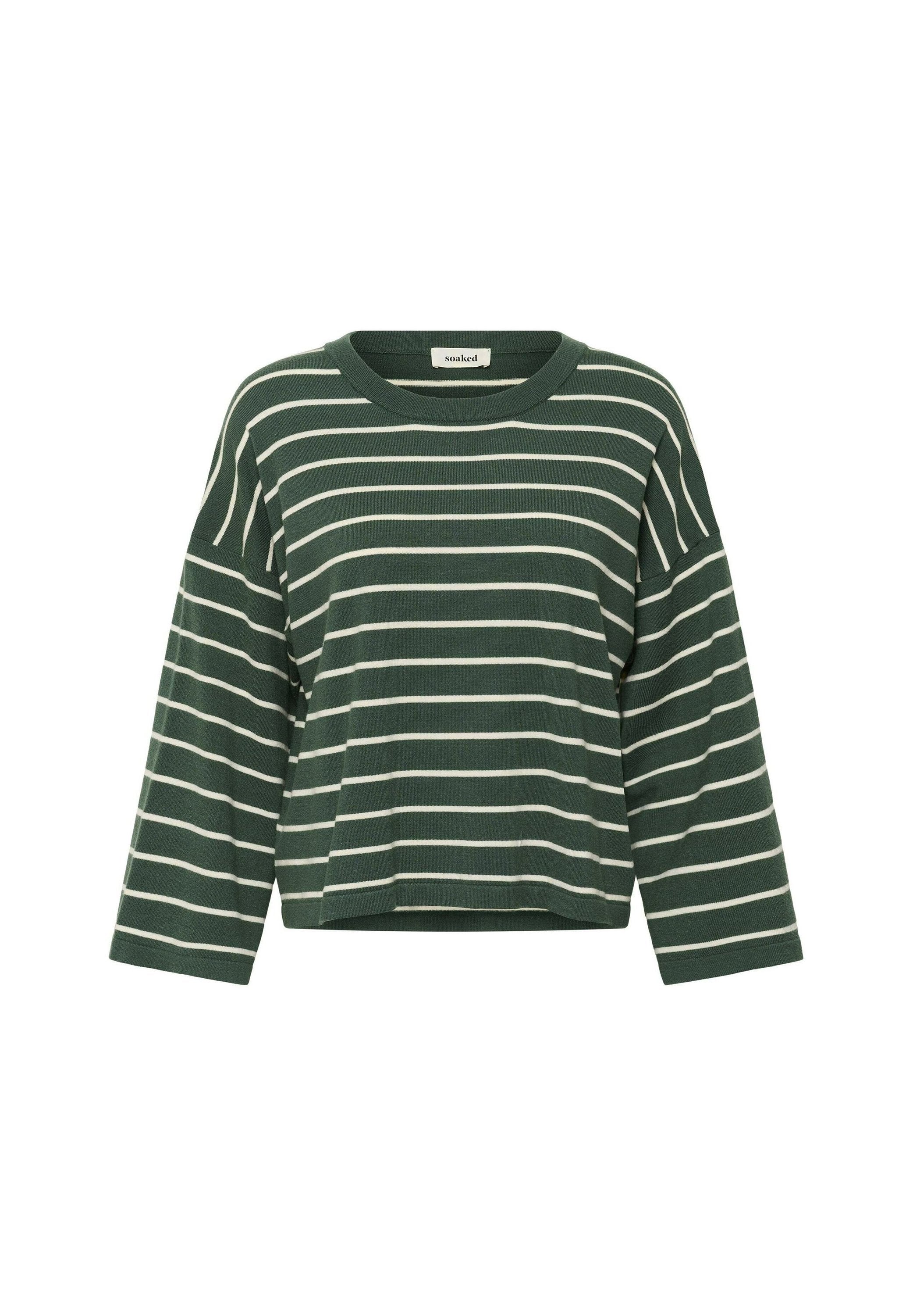 Grün gestreiftes Langarmshirt mit rundem Ausschnitt und lockerem Sitz. Mit cremefarbenen, horizontalen Streifen und kurzem Saum. Weiche Stoffstruktur.