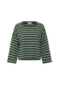 Grün gestreiftes Langarmshirt mit rundem Ausschnitt und lockerem Sitz. Mit cremefarbenen, horizontalen Streifen und kurzem Saum. Weiche Stoffstruktur.