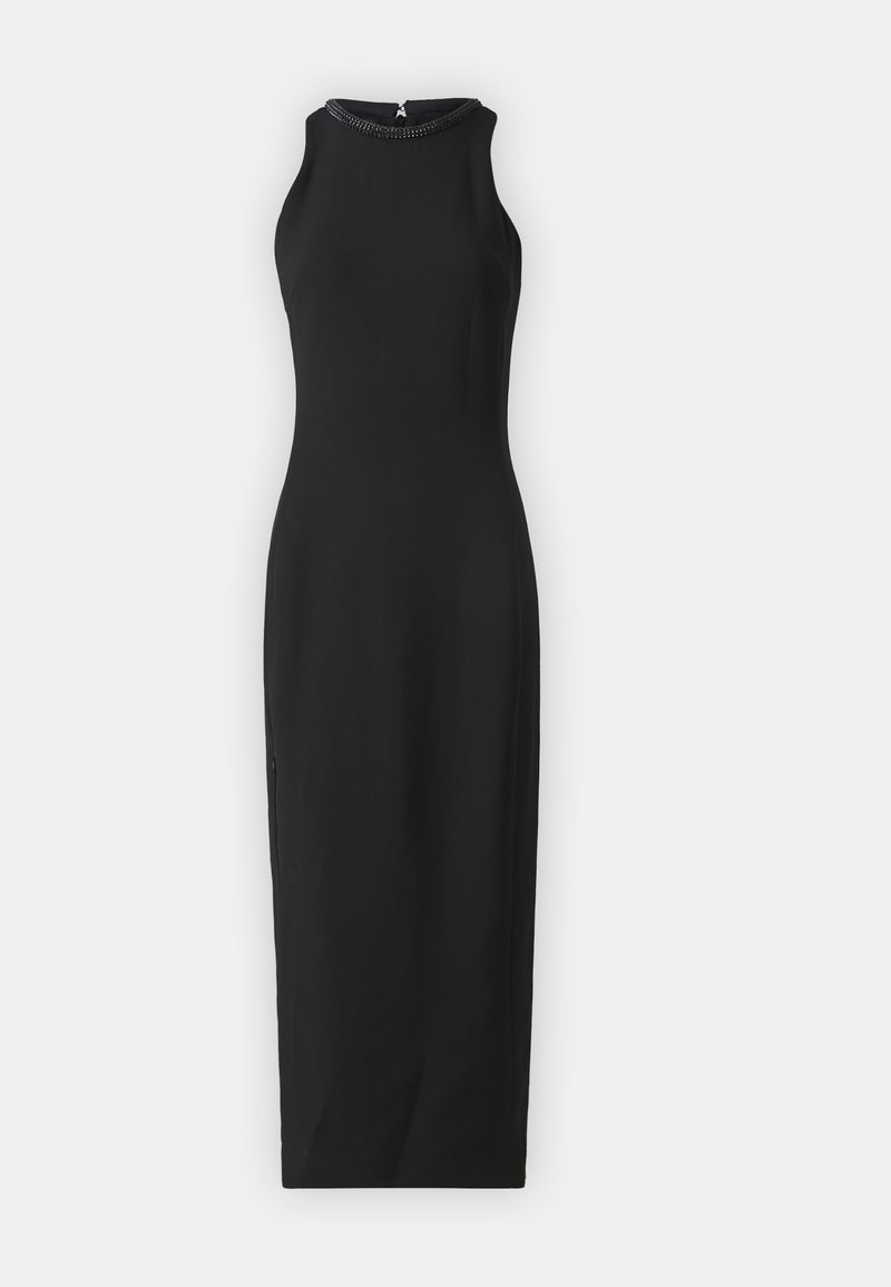 Schwarzes ärmelloses Kleid mit hohem Kragen, das ein strukturiertes Perlenakzent am Kragen und ein enges, bodenlanges Design aufweist.