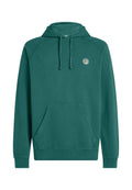 Grüner Baumwoll-Hoodie mit einer Kängurutasche vorne, Kapuze mit Kordelzug und einem runden Logo auf der Brust; mit gerippten Bündchen und Saum.