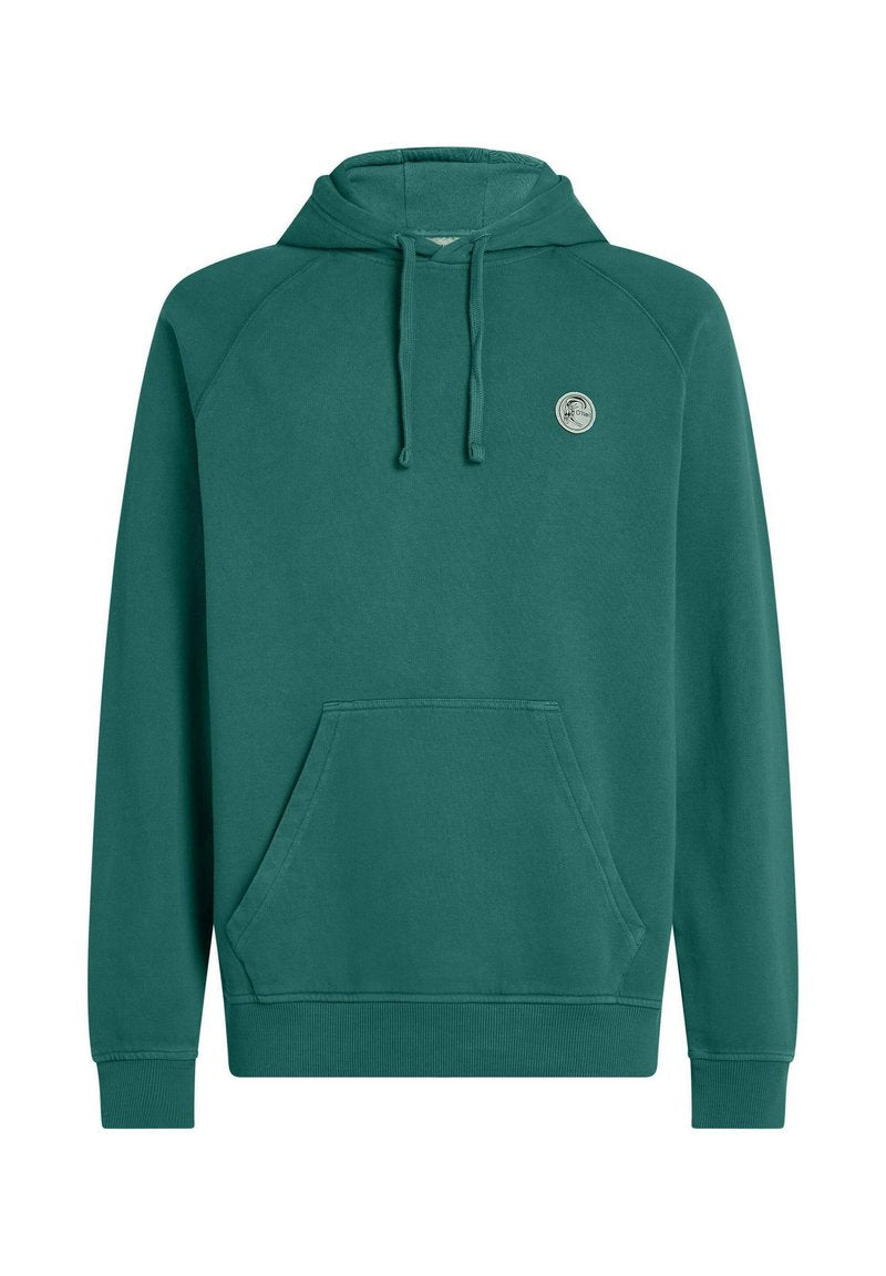 Grüner Baumwoll-Hoodie mit einer Kängurutasche vorne, Kapuze mit Kordelzug und einem runden Logo auf der Brust; mit gerippten Bündchen und Saum.