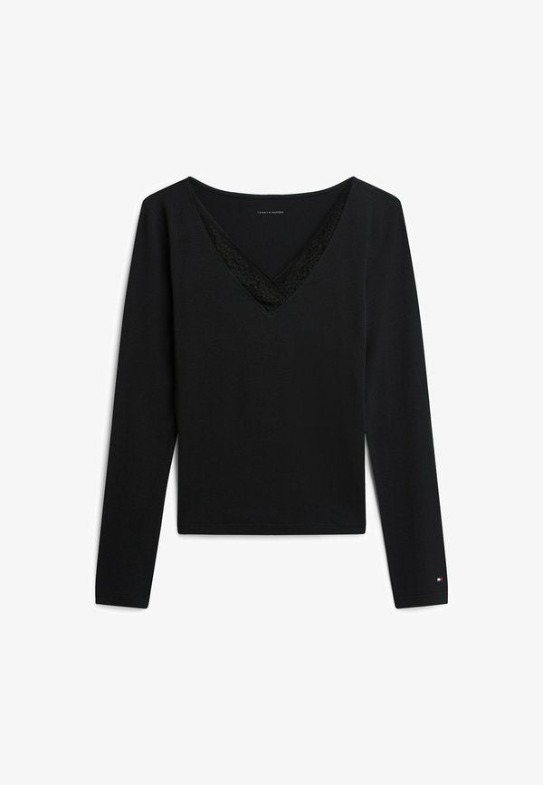 Tommy Hilfiger TOMMY HILFIGER LACE TRIM LONG SLEEVE LOUNGE TOP - Pyjama top - black