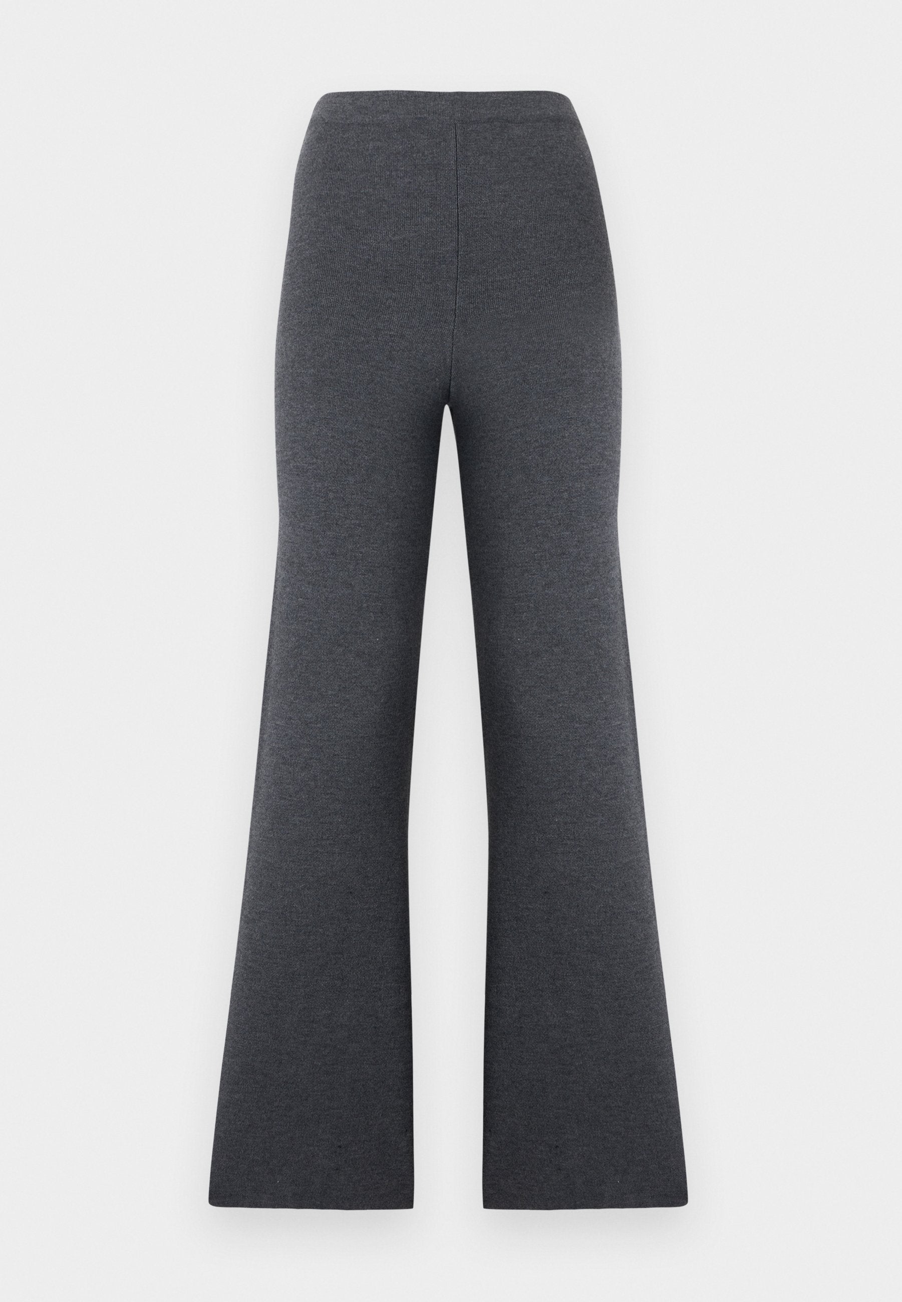 Dunkelgraue, hoch taillierte, weit geschnittene Strickhose mit glatter Textur, vor weißem Hintergrund dargestellt.