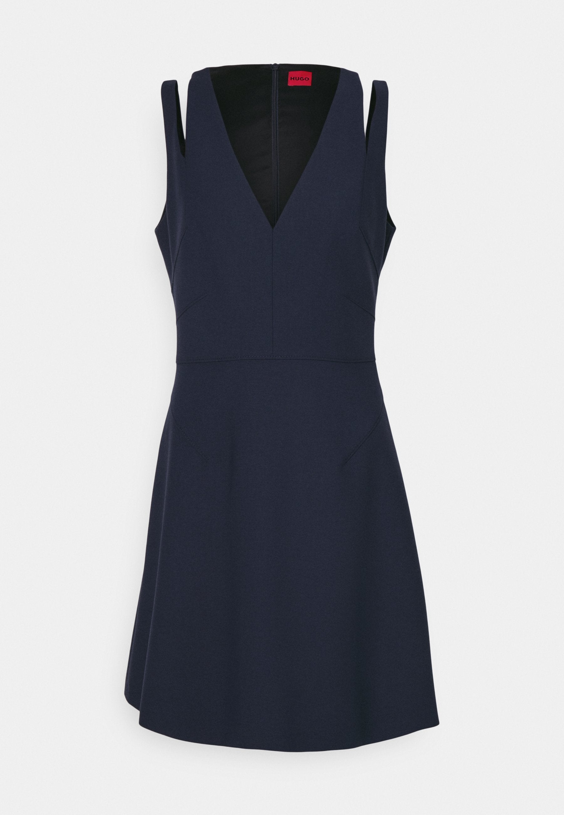 Marineblaue ärmellose Kleid mit tiefem V-Ausschnitt, tailliertem Oberteil, ausgestelltem Rock und seitlichen Taschen; aus glattem Stoff gefertigt. Reißverschluss hinten.
