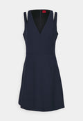 Marineblaue ärmellose Kleid mit tiefem V-Ausschnitt, tailliertem Oberteil, ausgestelltem Rock und seitlichen Taschen; aus glattem Stoff gefertigt. Reißverschluss hinten.