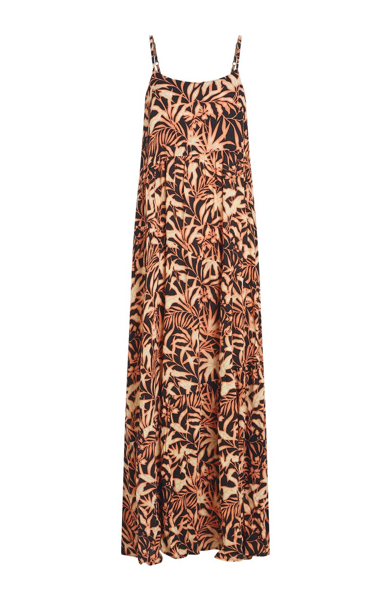 Ärmelloses Maxikleid mit dünnen Trägern, mit einem allover tropischen Blattmuster in Orange und Beige auf schwarzem Hintergrund.