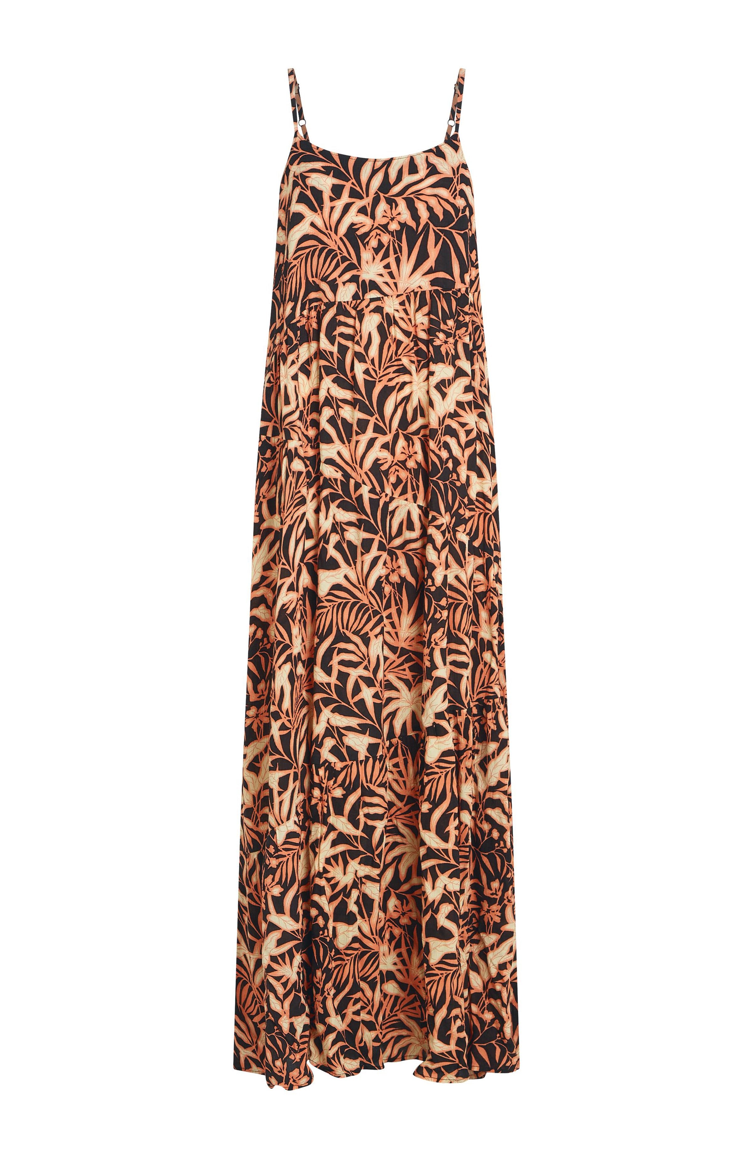 Ärmelloses Maxikleid mit dünnen Trägern, mit einem allover tropischen Blattmuster in Orange und Beige auf schwarzem Hintergrund.