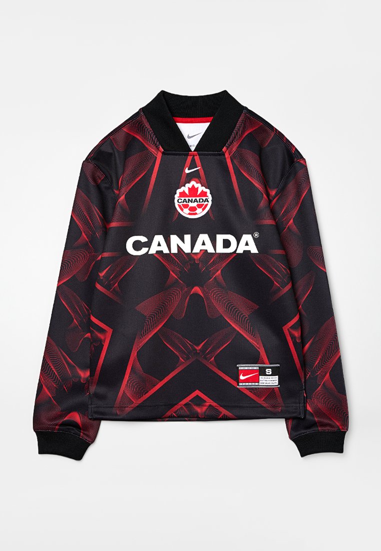 Schwarz-rotes langärmeliges Sporttrikot mit dem Schriftzug "CANADA", Ahornblattwappen, Nike-Logo und geometrischem Muster auf dem Stoff.