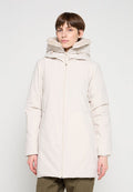 Leichte, cremefarbene Parka mit pelzgefütterter Kapuze, Frontreißverschluss und Seitentaschen. Strukturierter Stoff mit glatter Oberfläche.