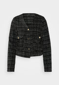Schwarz-weiß kariertes Jackett mit cropped Design, goldenen Knöpfen, zwei Vorderstaschen und strukturiertem Stoff.