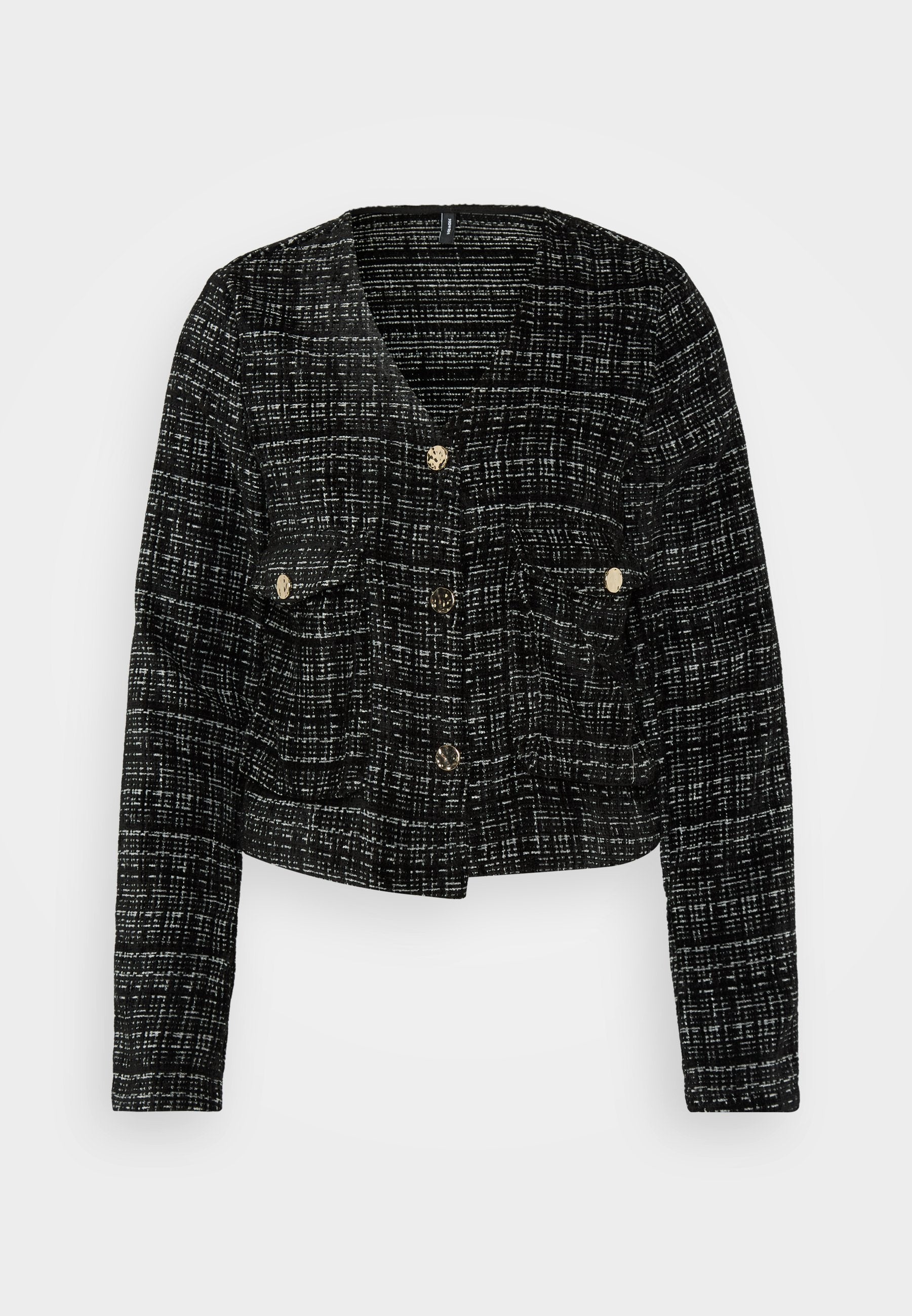 Schwarz-weiß kariertes Jackett mit cropped Design, goldenen Knöpfen, zwei Vorderstaschen und strukturiertem Stoff.