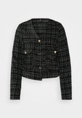 Schwarz-weiß kariertes Jackett mit cropped Design, goldenen Knöpfen, zwei Vorderstaschen und strukturiertem Stoff.