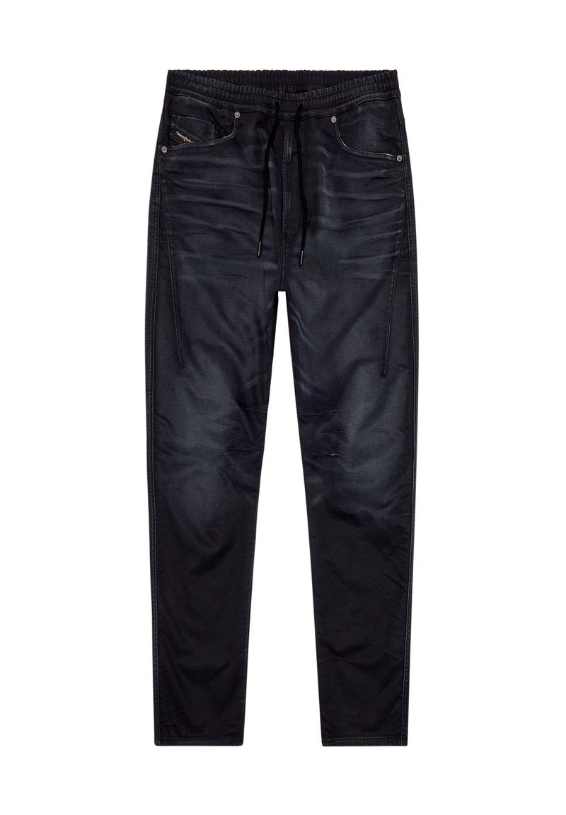 Schwarze Jogginghose aus Denim mit einem elastischen Bund, Kordelzug, Vordertaschen und dezenten Ausbleichungen an den Beinen.