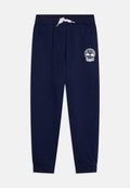 Dunkelblaue Sweatpants aus Baumwolle, mit einem elastischen Bund und Kordelzug sowie gerippten Bündchen. Zeigt ein weißes Timberland-Logo.