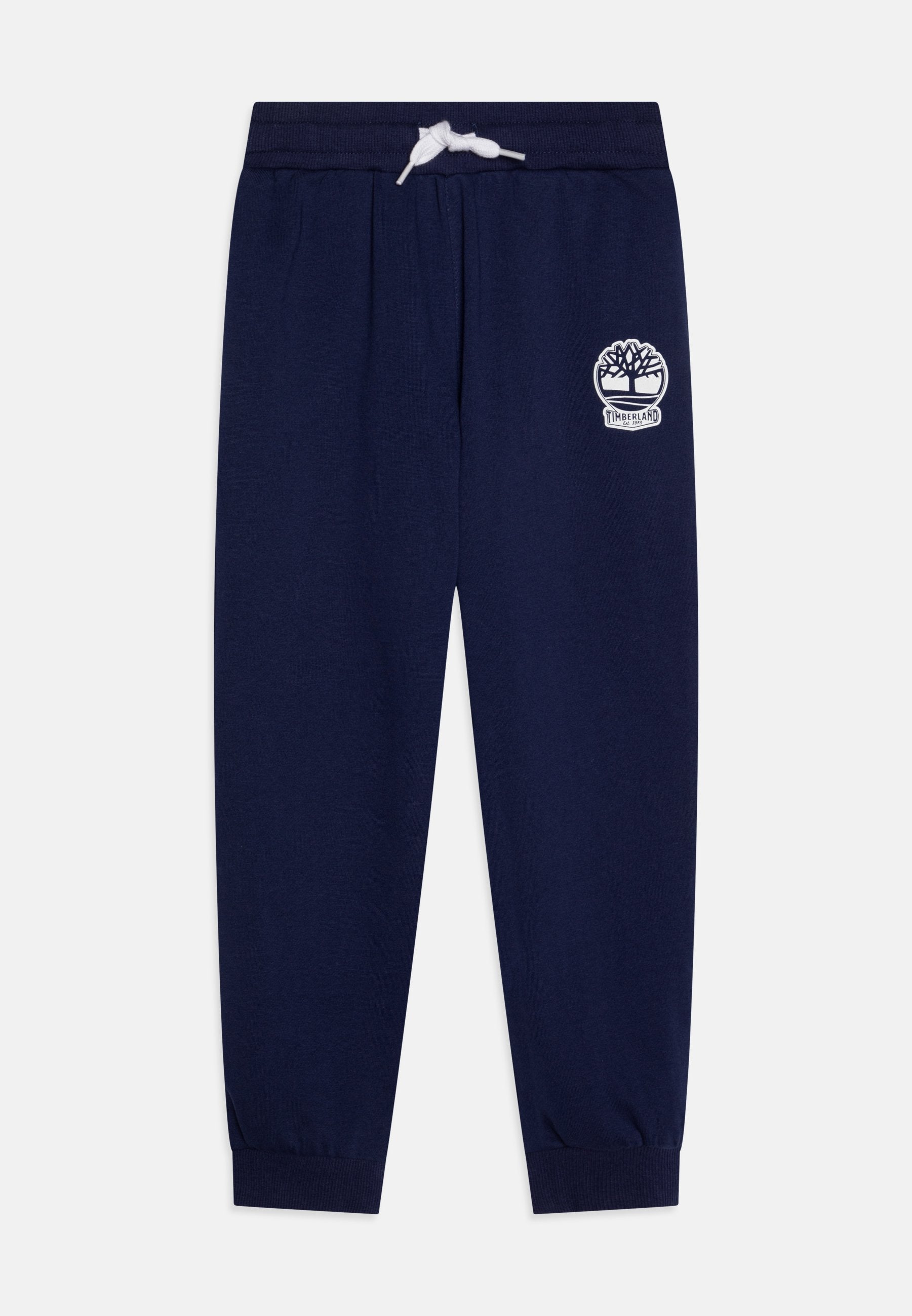 Dunkelblaue Sweatpants aus Baumwolle, mit einem elastischen Bund und Kordelzug sowie gerippten Bündchen. Zeigt ein weißes Timberland-Logo.