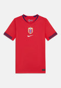 Rotes Sporttrikot aus leichtem Stoff. Hat einen V-Ausschnitt, blaue Akzente und gemusterte Manschetten. Beinhaltet ein Wappen mit einer Flagge und dem Nike-Logo.