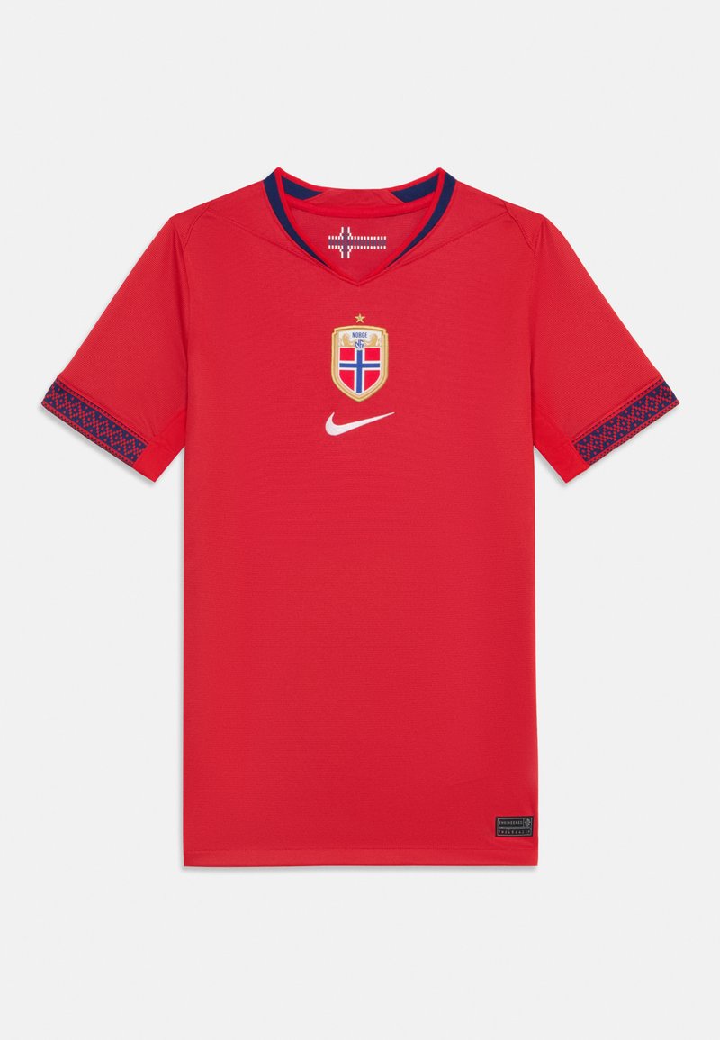 Rotes Sporttrikot aus leichtem Stoff. Hat einen V-Ausschnitt, blaue Akzente und gemusterte Manschetten. Beinhaltet ein Wappen mit einer Flagge und dem Nike-Logo.