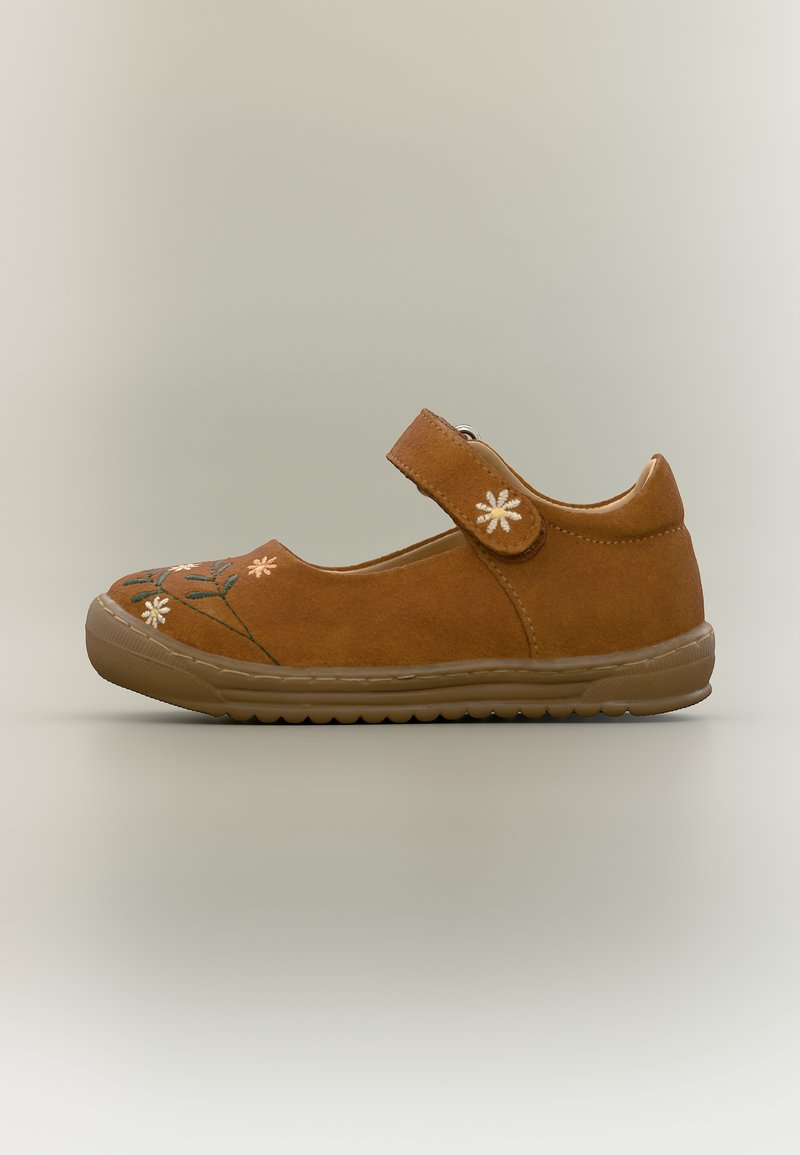 Brauner Mary Jane Schuh mit bestickten Blumen, einem Klettverschluss und einer Gummisohle, seitlich auf neutralem Hintergrund dargestellt.