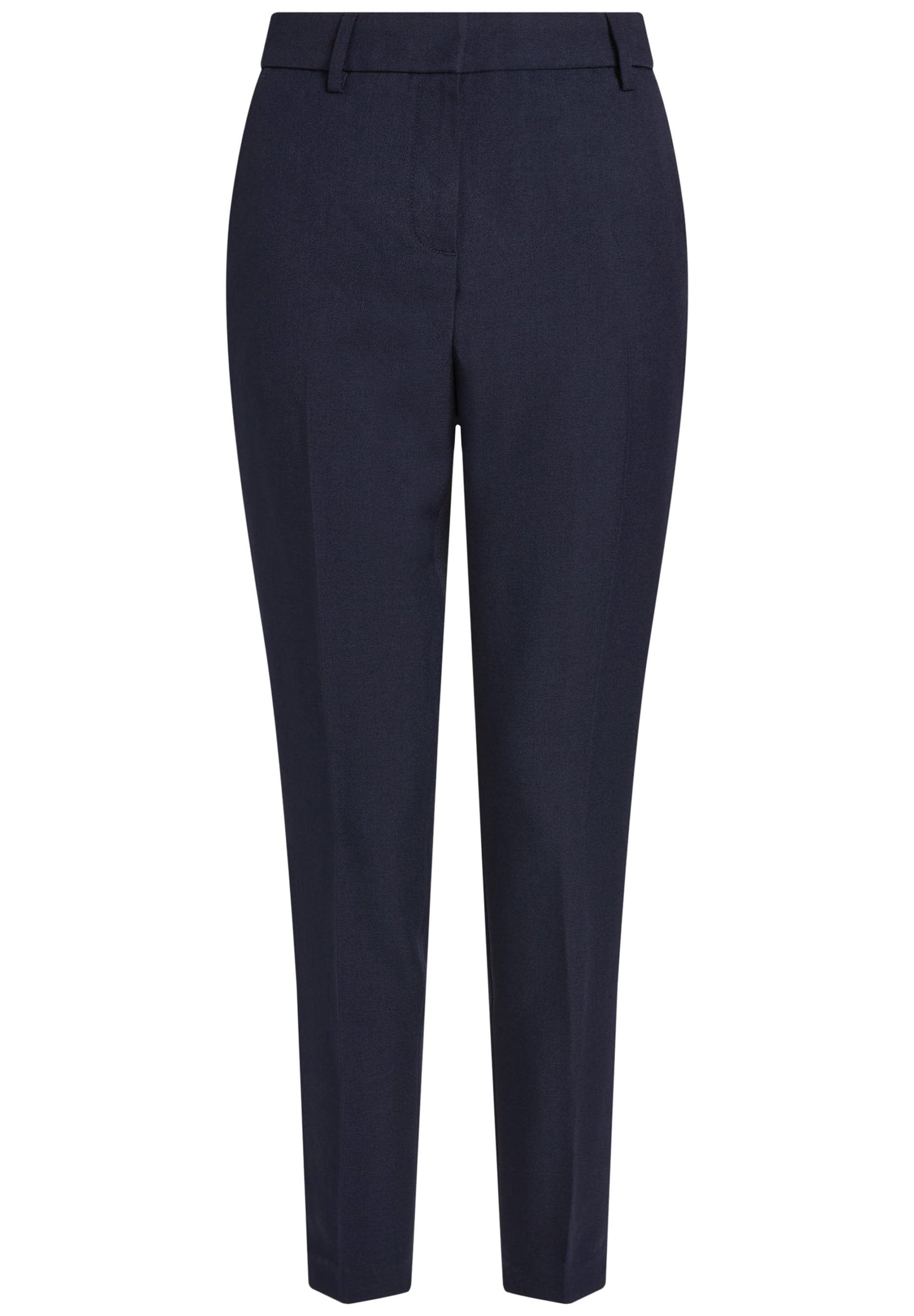Marineblaue maßgeschneiderte Hose mit glatter Textur, geradem Schnitt und vorne liegenden Taschen. Sie verfügt über einen Bund mit Gürtelschlaufen und einer Bügelfalte vorne.