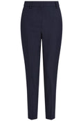Marineblaue maßgeschneiderte Hose mit glatter Textur, geradem Schnitt und vorne liegenden Taschen. Sie verfügt über einen Bund mit Gürtelschlaufen und einer Bügelfalte vorne.