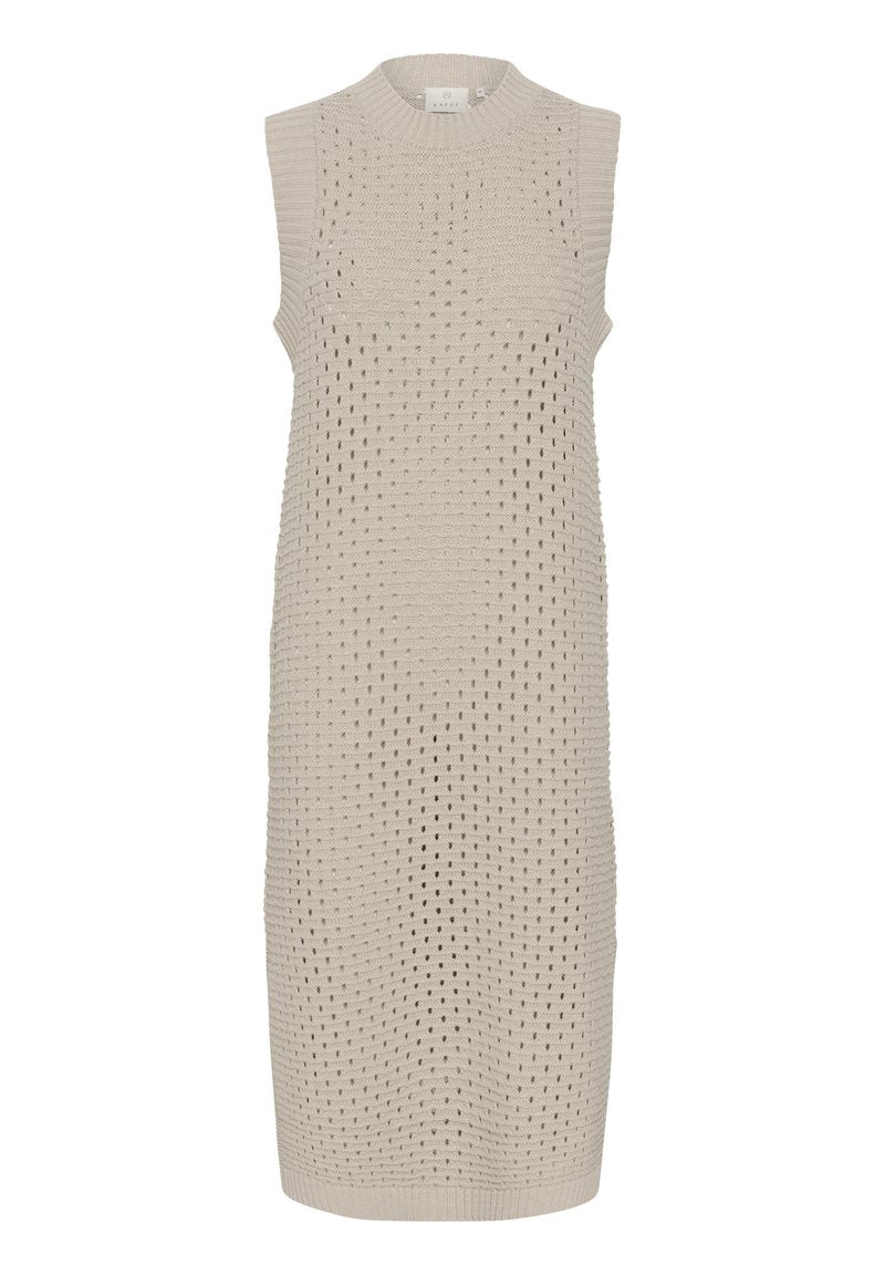 Strickärmeloses Kleid in hellbeige mit einem strukturierten Spitzenmuster, runder Ausschnitt und geradem Saum, das eine lässige Passform bietet.
