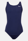 Navyblauer Einteiler-Badeanzug mit runden Ausschnitt, dünnen Trägern und kleinem weißen Nike-Logo auf der Brust. Glattes, elastisches Material.