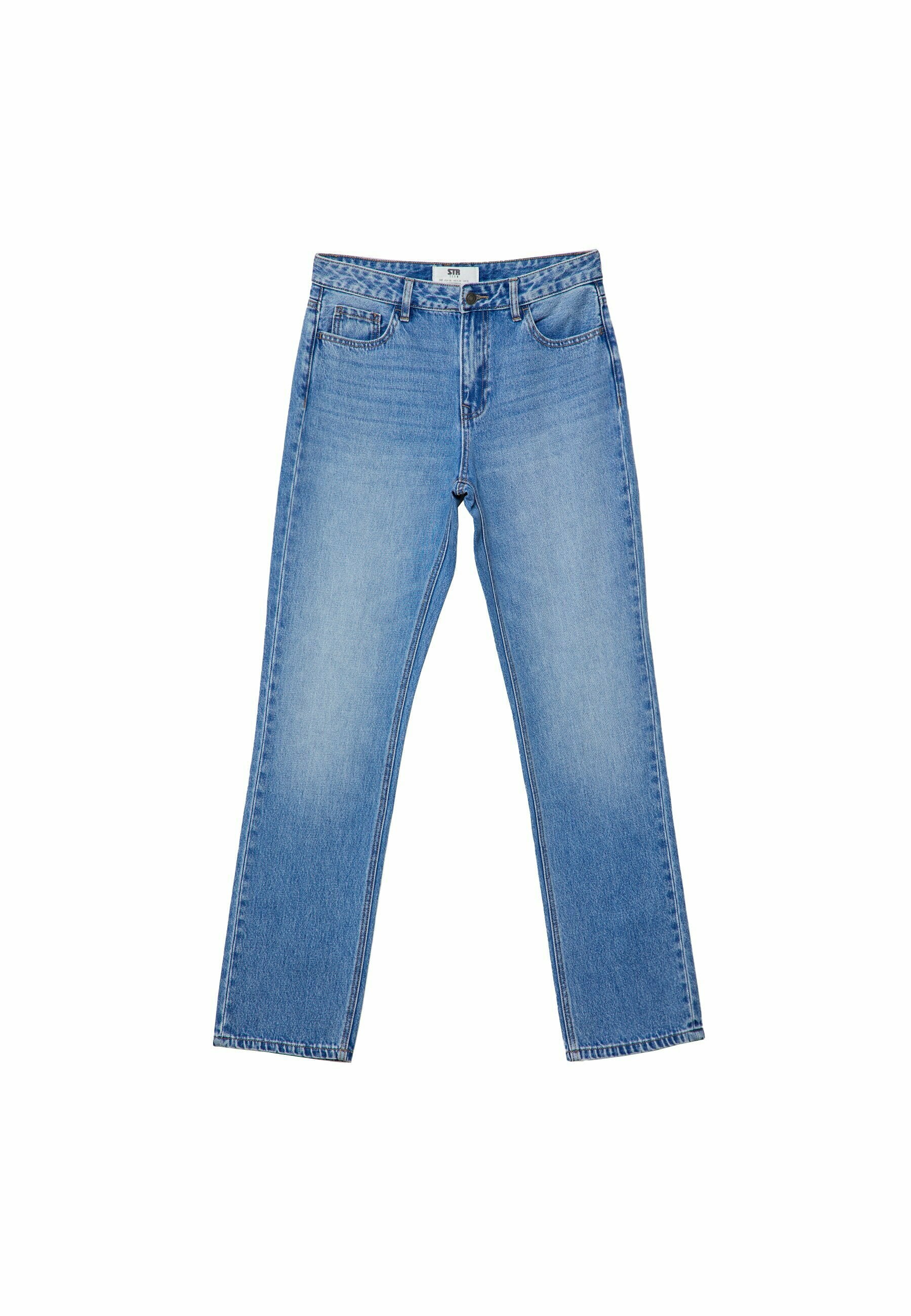 Hellblaue Jeans aus Denim mit geradem Bein, fünf Taschen-Stil und sichtbaren Nähten an den Säumen und Säumen.