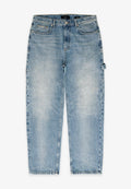 Helle blaue Jeans aus Denim mit lockerer Passform, ausgebleichtem Design, Fünf-Taschen-Style und einem seitlichen Riemendetail am rechten Bein.