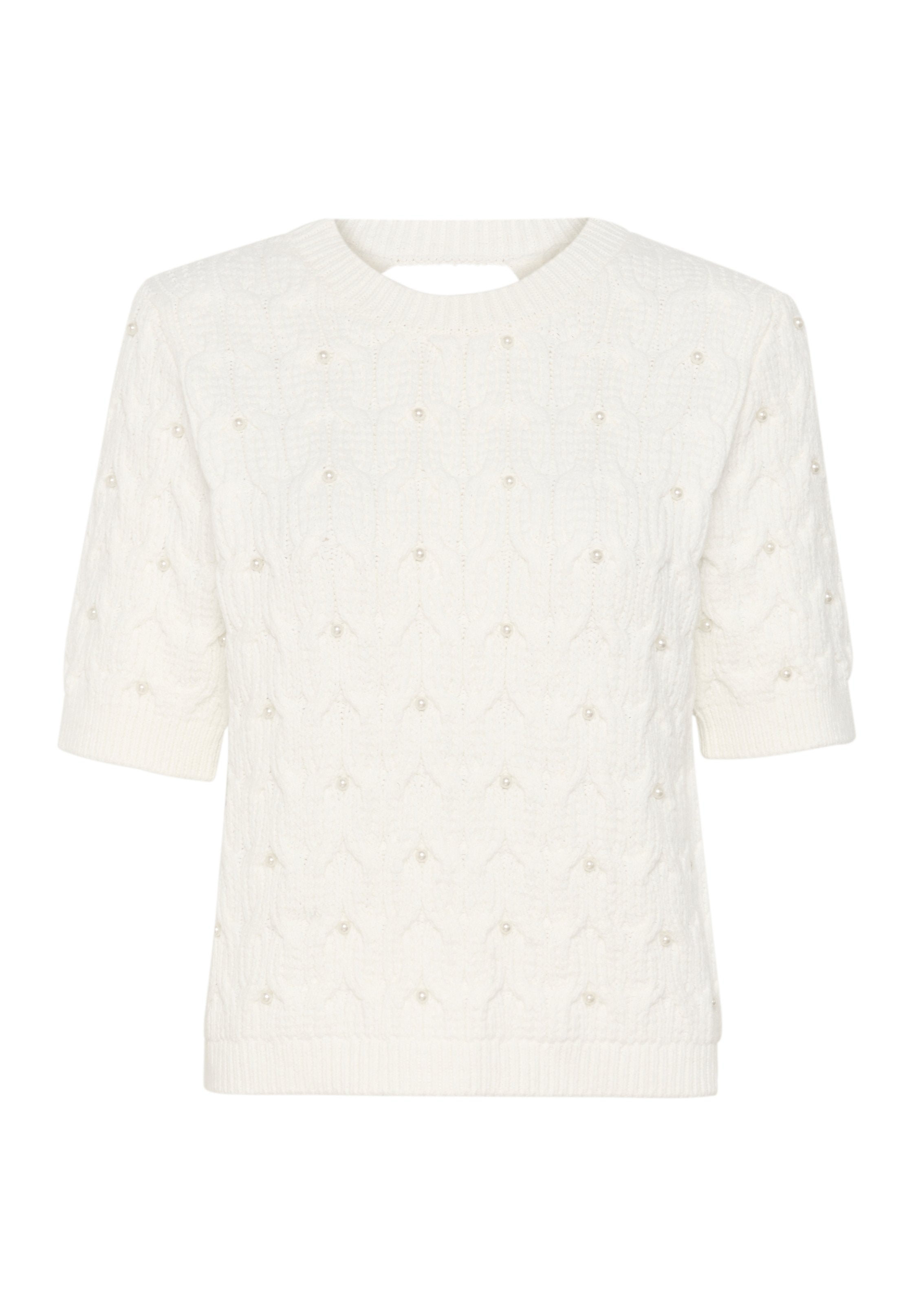 Weißer Kurzarmpullover mit strukturiertem Muster, dekorativen Perlendetails und Rundhalsausschnitt mit einem kleinen Ausschnitt auf der Rückseite.