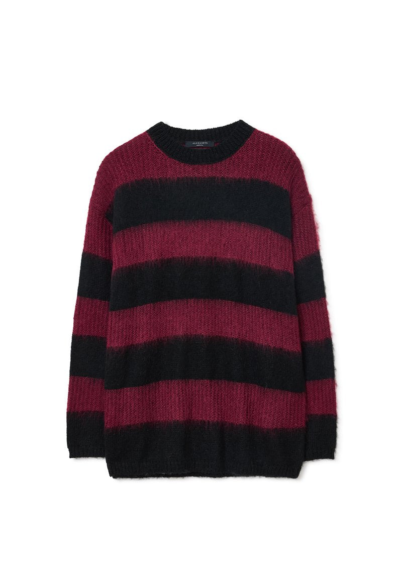 Langärmliger Pullover mit weinroten und schwarzen horizontalen Streifen, gestrickter Textur, Rundhalsausschnitt und lockerer Passform.
