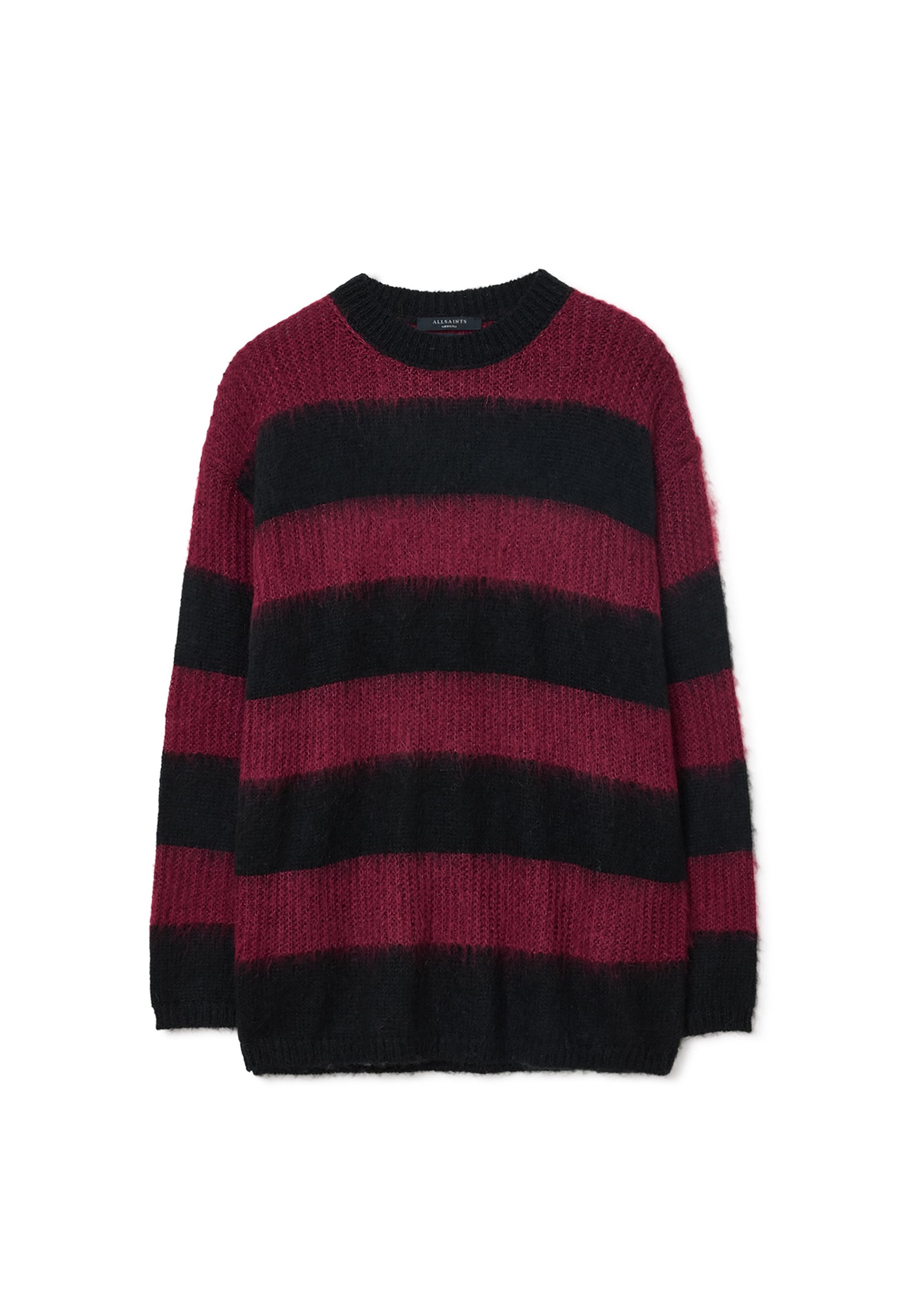 Langärmliger Pullover mit weinroten und schwarzen horizontalen Streifen, gestrickter Textur, Rundhalsausschnitt und lockerer Passform.