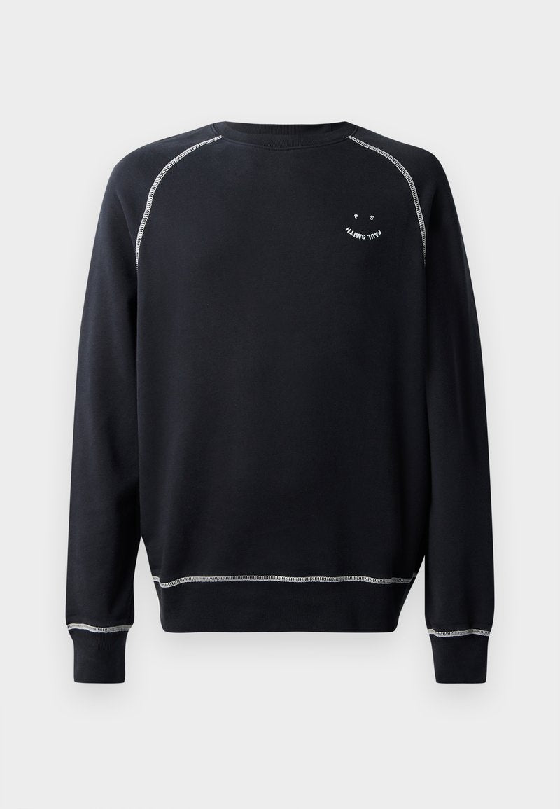 Schwarzer Sweatshirt mit Rundhalsausschnitt, langen Ärmeln und kontrastierenden weißen Nähten. Beinhaltet ein kleines Grafikdesign auf der Brust. Weiche Stofftextur.