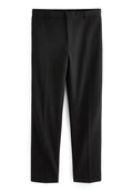 Schwarze formelle Hosen mit Gürtelschlaufen, vorderem Verschluss und eingekniffenen Falten, flach auf einem weißen Hintergrund ausgelegt.