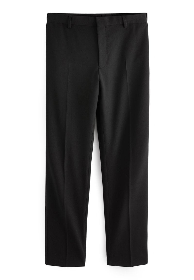 Schwarze formelle Hosen mit Gürtelschlaufen, vorderem Verschluss und eingekniffenen Falten, flach auf einem weißen Hintergrund ausgelegt.