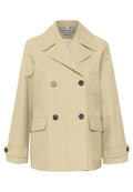 Beige, doppelt knöpfbarer Trenchcoat mit großen Revers, schwarzen Knöpfen, zwei seitlichen Taschen und umgeschlagenen Ärmeln; aus glattem, strapazierfähigem Stoff gefertigt.