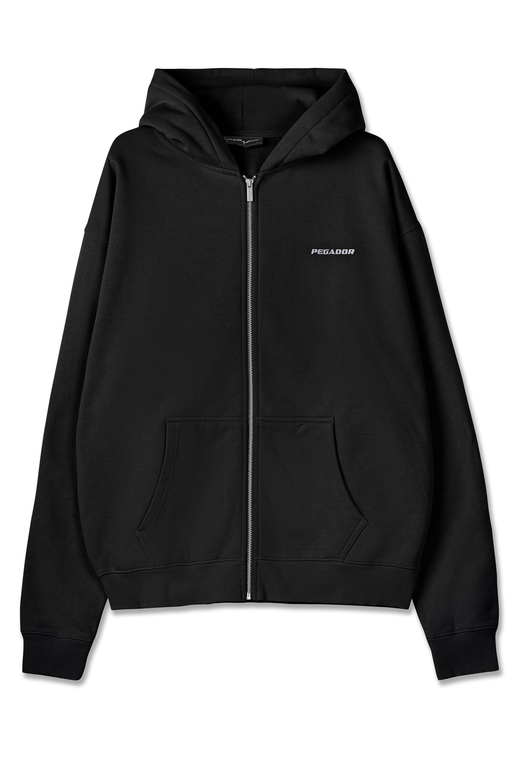 Schwarzer Kapuzenpullover mit Reißverschluss aus Baumwolle mit weicher Textur. Verfügt über eine Vorderfach, gerippte Bündchen und ein Logo auf der linken Brust.