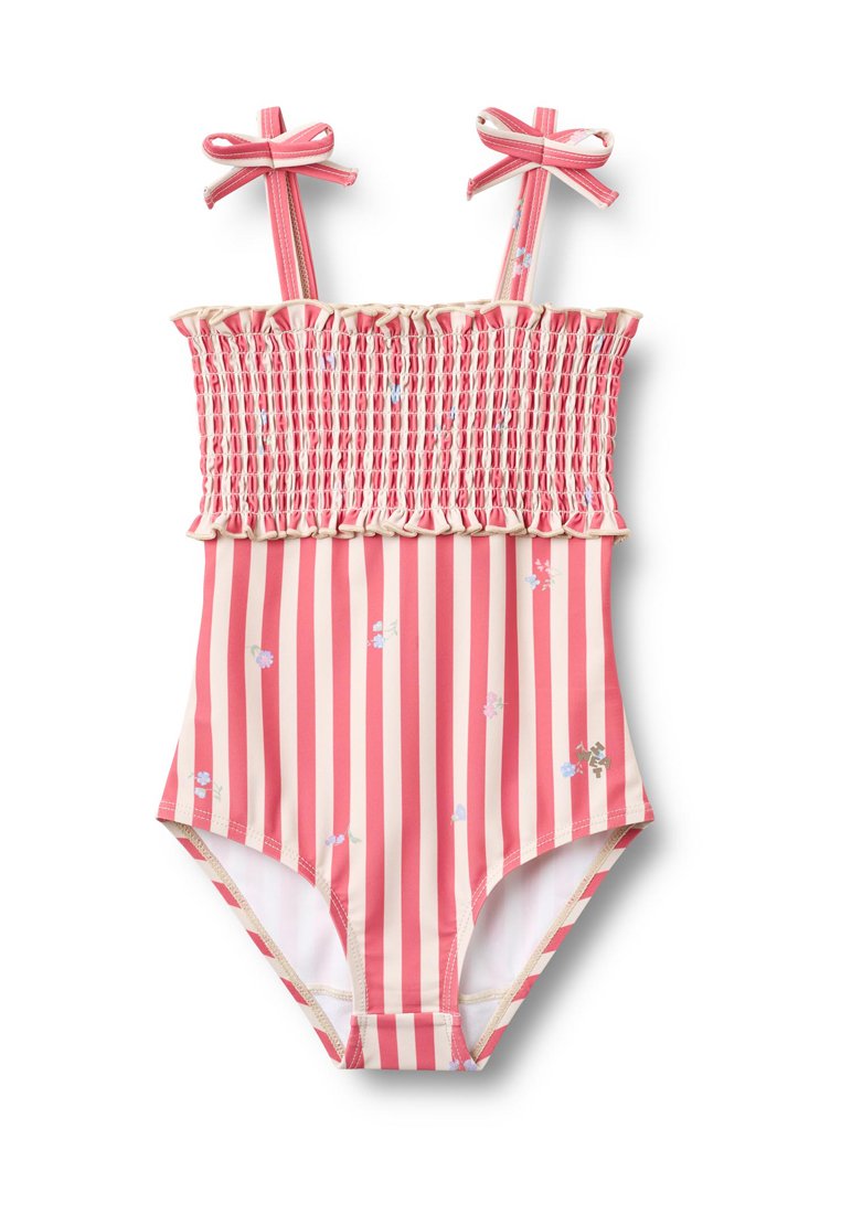 Einteiliger Badeanzug in Rosa- und Creme-Streifen, mit einem gerafften Oberteil, Blumenakzenten und Schleifen an verstellbaren Trägern.