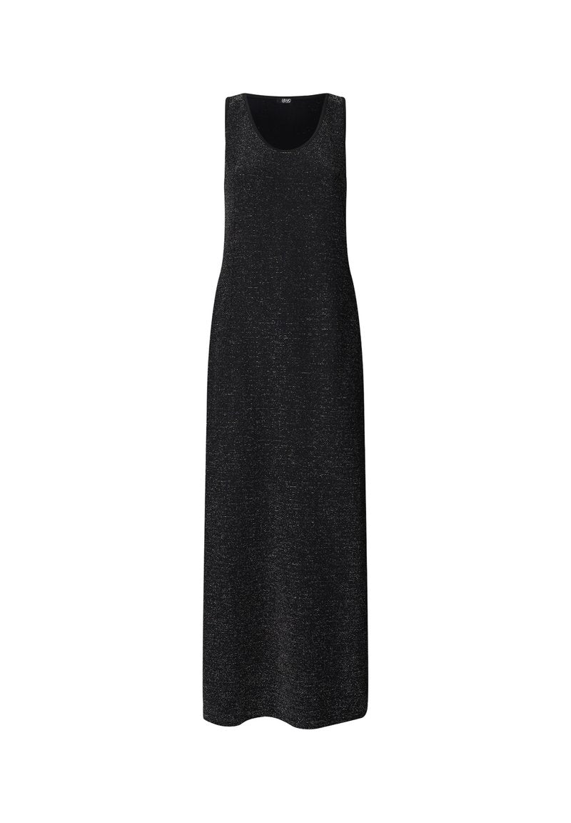 Langes, ärmelloses schwarzes Kleid mit rundem Ausschnitt, strukturiertem Stoff und gerader Silhouette, entworfen für eine lockere Passform.