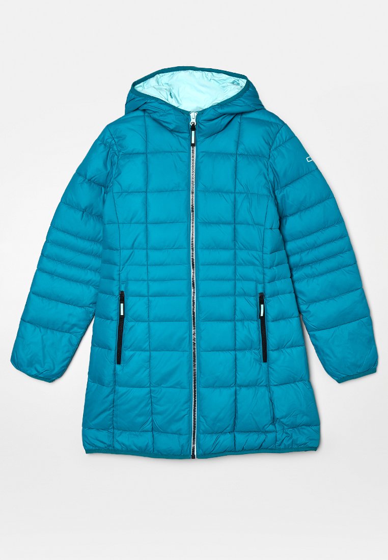 Türkisfarbene gesteppte Jacke mit Kapuze, ausgestattet mit einem Front-Reißverschluss, schwarzen Reißverschlusstaschen an den Seiten und einem hellblauen Innenfutter. Rechteckiges Steppmuster.