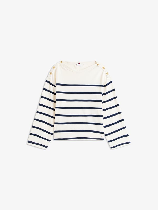 Tommy Hilfiger BUTTON BOAT TEE - Long sleeved top - ivory silk/dark night navy