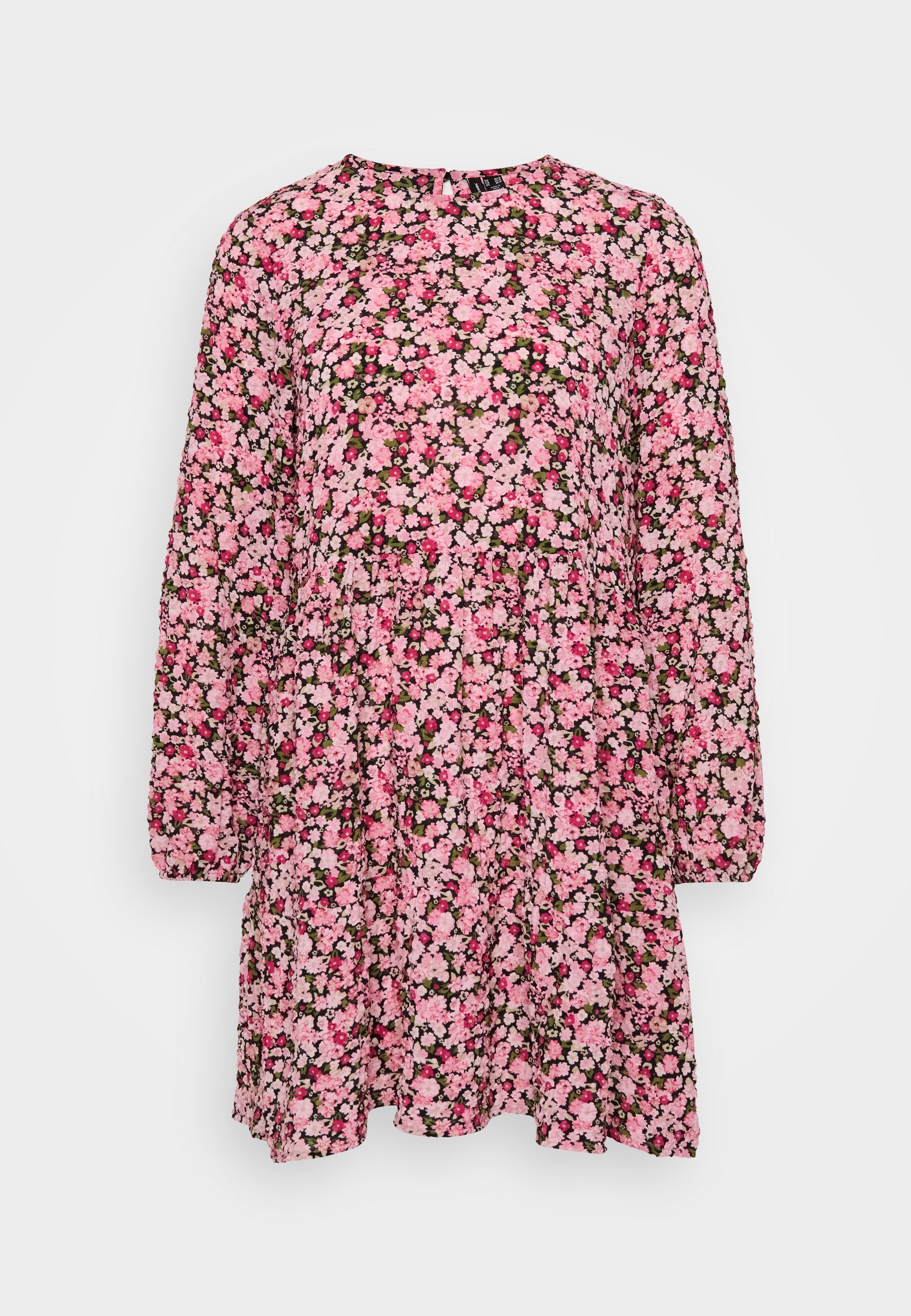 Blumenkleid mit langen Ärmeln, pink-schwarzes Muster mit kleinen Blumen, lockere Passform, runder Ausschnitt und geraffte Taille.