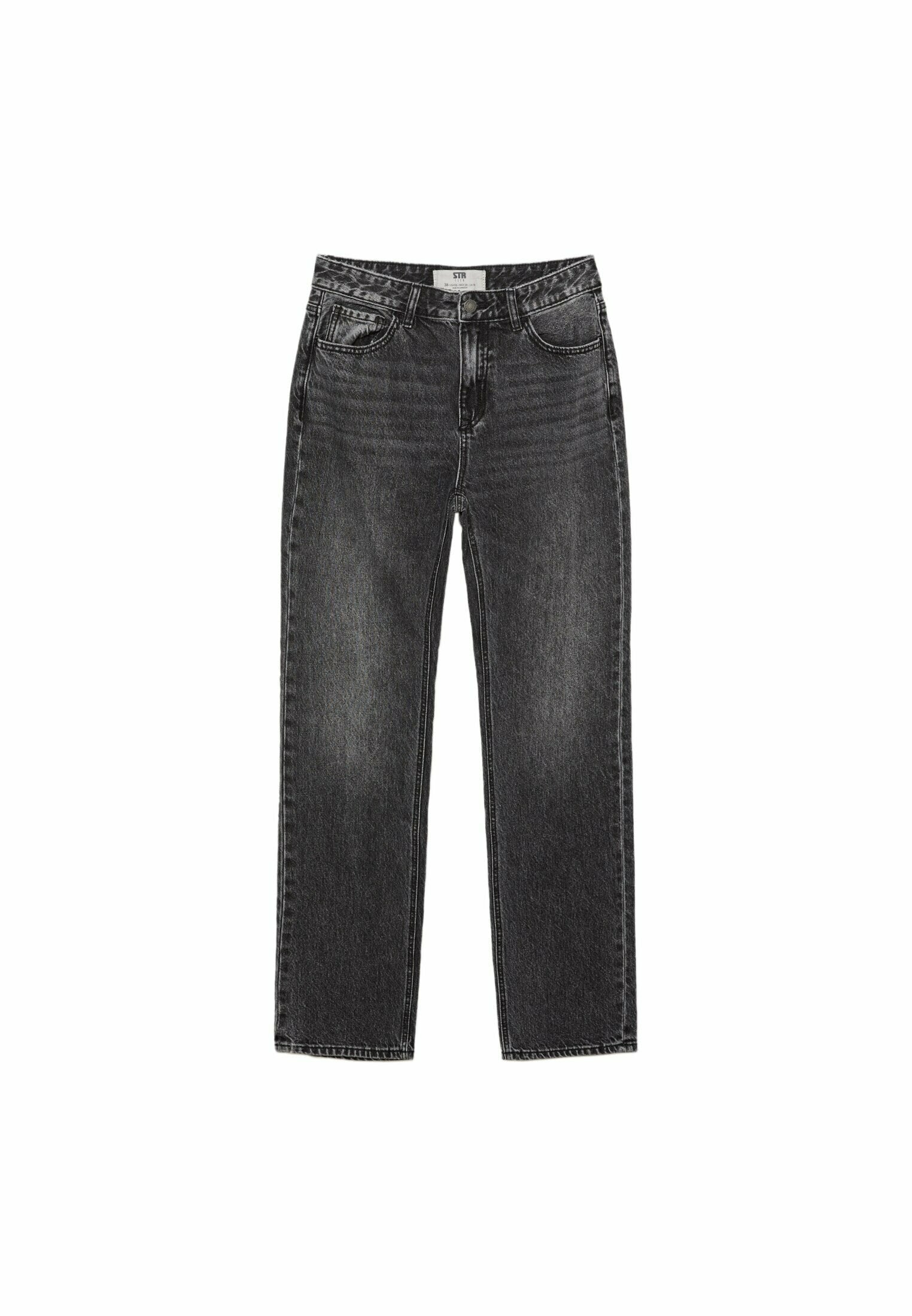 Schwarze Jeans aus Denim mit geradem Schnitt, ausgestattet mit fünf Taschen und einem Knopfverschluss. Leichte Verfärbungen und Nähdetails sind sichtbar.