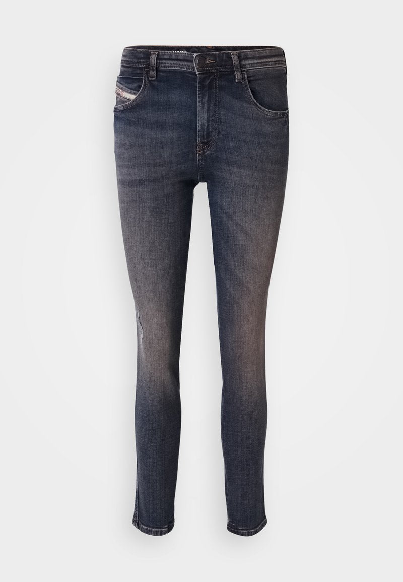 Dunkelblaue Denim-Jeans im Slim Fit, mit einem verwaschenen Kniedetail, klassischem Fünf-Taschen-Design und einem Reißverschluss.