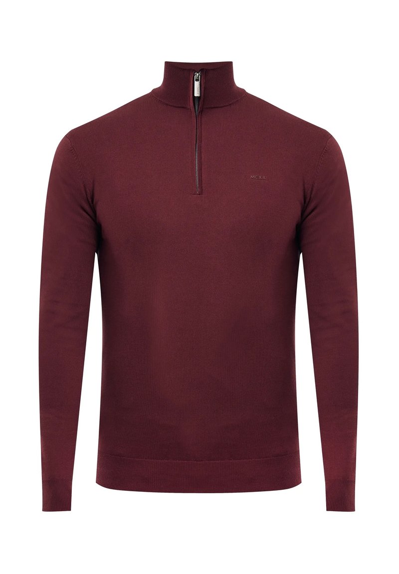 Bordeauxroter Strickpullover mit hohem Kragen und halbhohem Reißverschluss. Verfügt über lange Ärmel und einen taillierten Saum; glatte Textur mit einem dezenten Logodetail.
