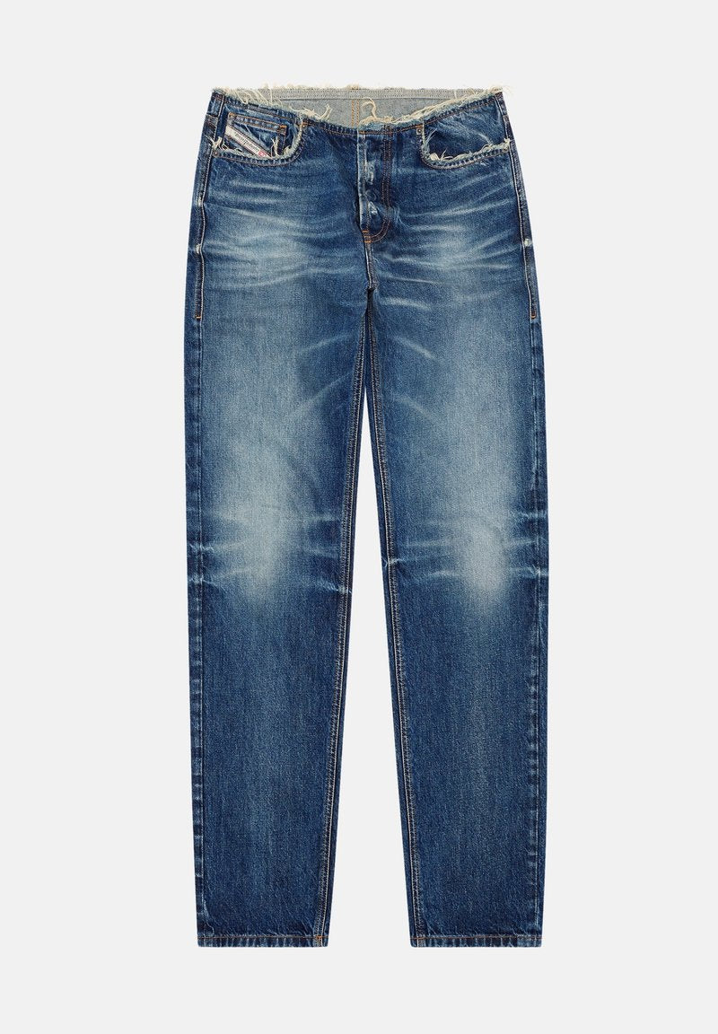 Dunkelblaue Jeans aus Denim mit einem verwaschenen Finish, geradem Bein, fransigem Saum und zwei Fronttaschen. Verfügt über sichtbare Nähdetails.