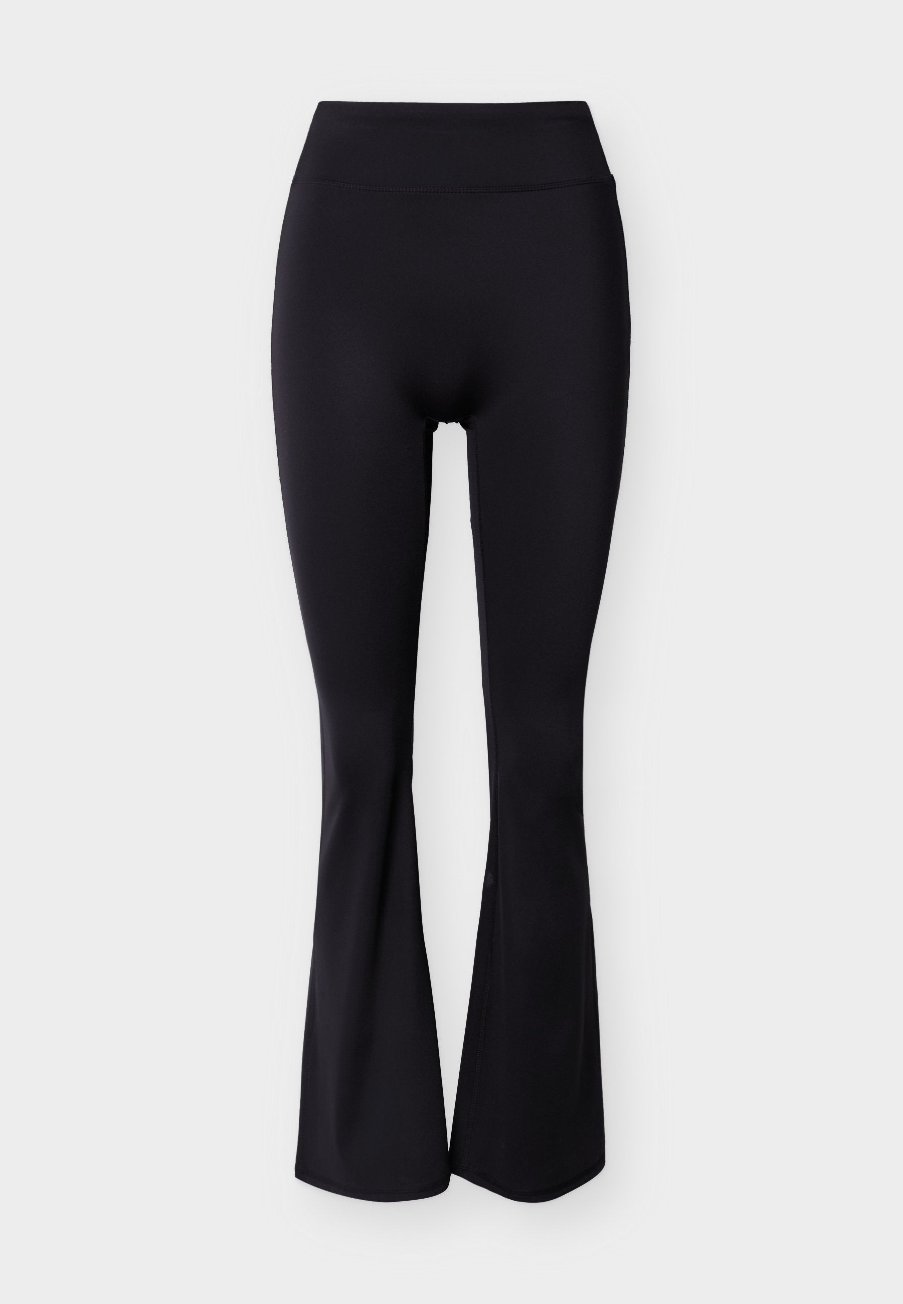 Schwarze Leggings mit hoher Taille und ausgestelltem Bein, glattem Stoff und ohne sichtbare Muster oder Verzierungen.