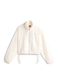 Weiße leichte Jacke mit Reißverschluss vorne, elastischen Bündchen, Kordelzug am Saum und kleinem roten, weißen und blauen Logo auf der linken Brust.